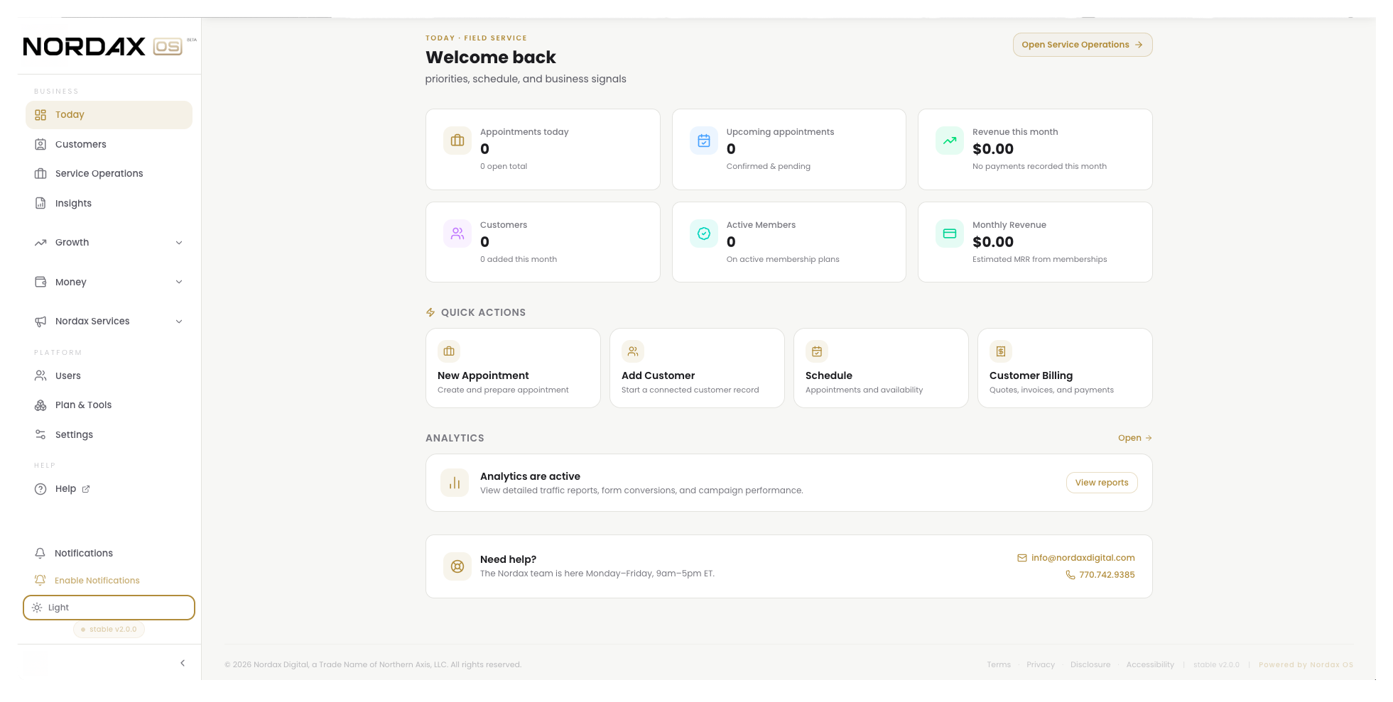 Light Nordax OS business dashboard showing appointments, customers, revenue, quick actions, and analytics
